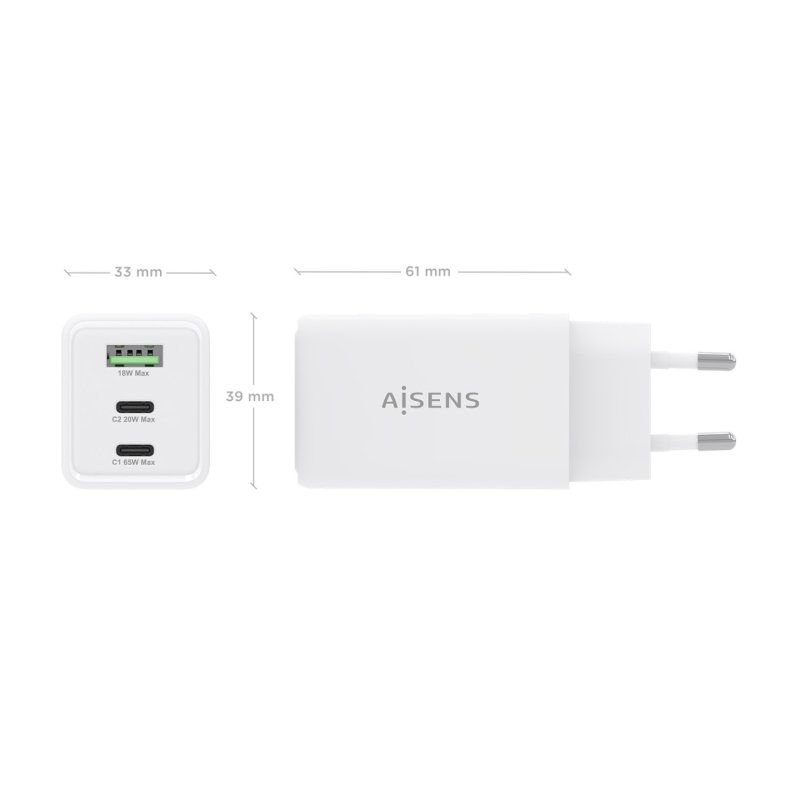 CARGADOR AISENS GAN 65W 2XUSB-C PD3.0 QC4.0 1XUSB-A QC3.0 BLANCO