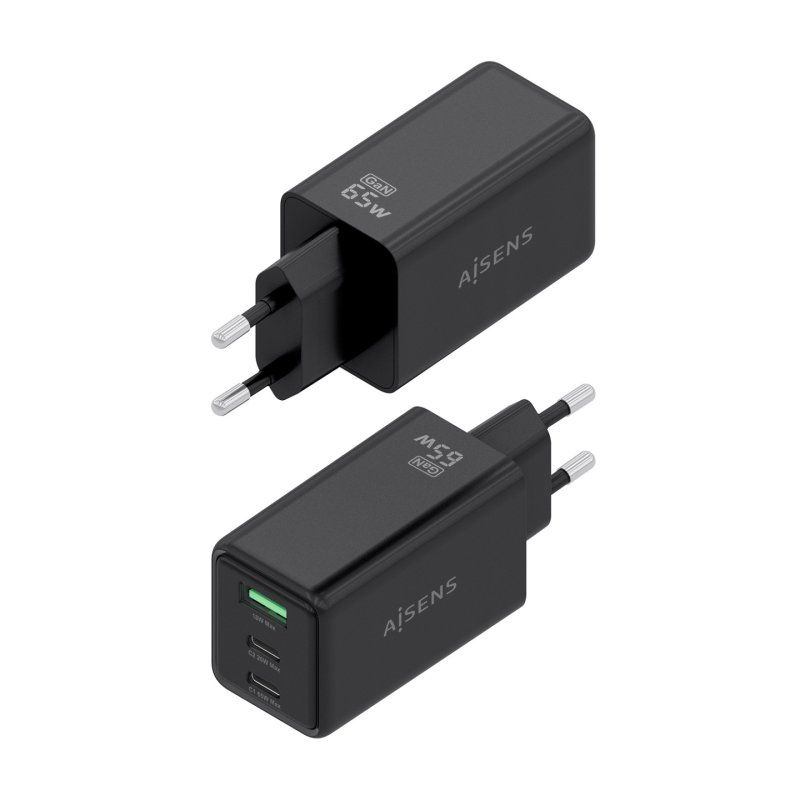 CARGADOR AISENS GAN 65W 2XUSB-C PD3.0 QC4.0 1XUSB-A QC3.0 NEGRO
