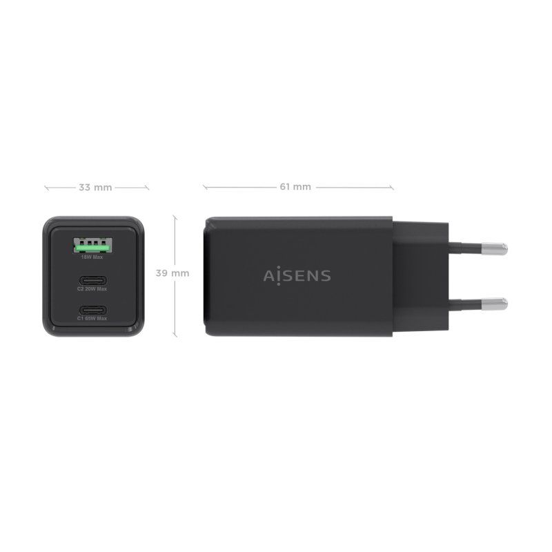 CARGADOR AISENS GAN 65W 2XUSB-C PD3.0 QC4.0 1XUSB-A QC3.0 NEGRO
