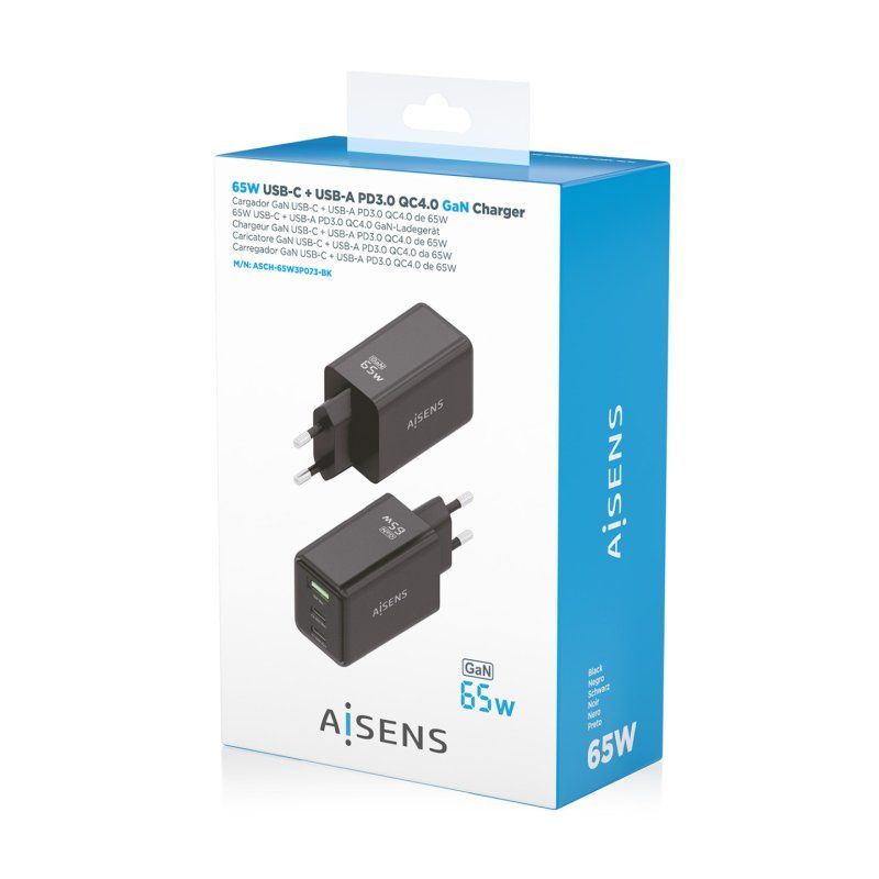 CARGADOR AISENS GAN 65W 2XUSB-C PD3.0 QC4.0 1XUSB-A QC3.0 NEGRO