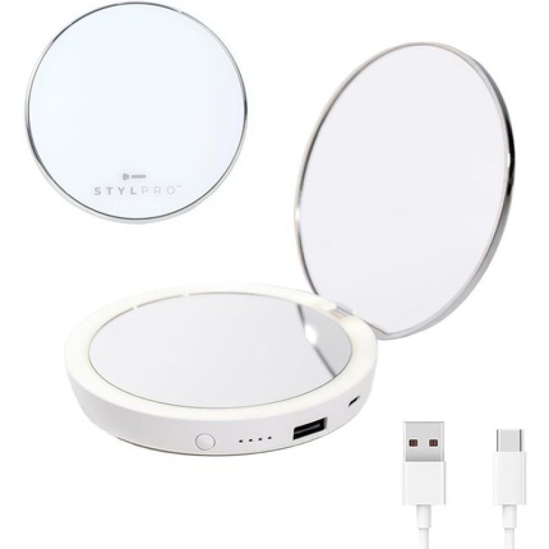 Stylpro Flip 'N' Charge Led Mirror With Power Bank For Phones Rechargeable Handheld Compact Mirror With 3x Magnification