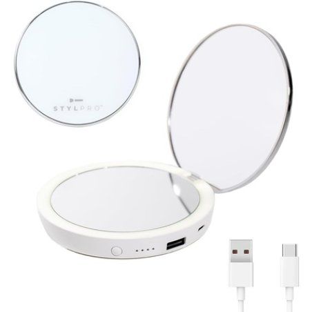 Stylpro Flip 'N' Charge Led Mirror With Power Bank For Phones Rechargeable Handheld Compact Mirror With 3x Magnification