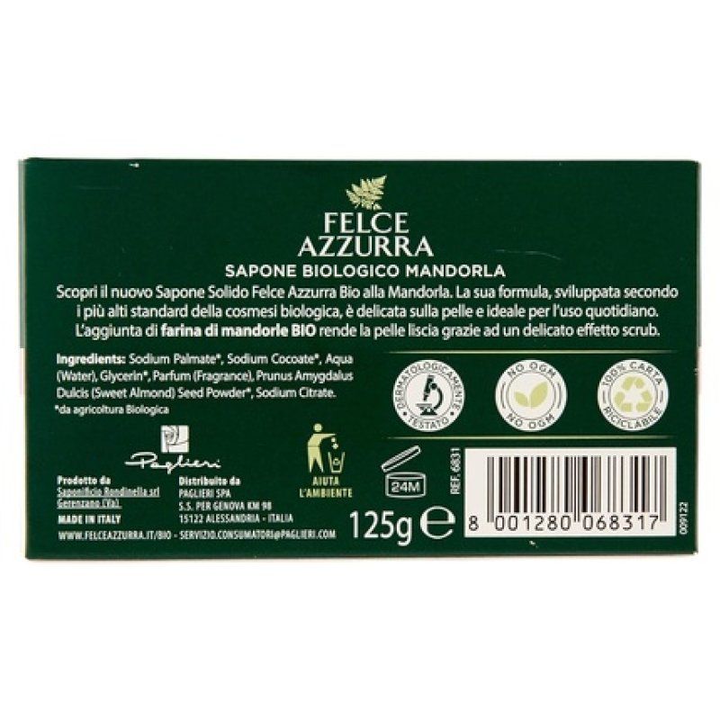 Felce Azzurra Bio Almond Soap with Organic Almond Meal Gentle Exfoliating Dermatologically Tested 125g