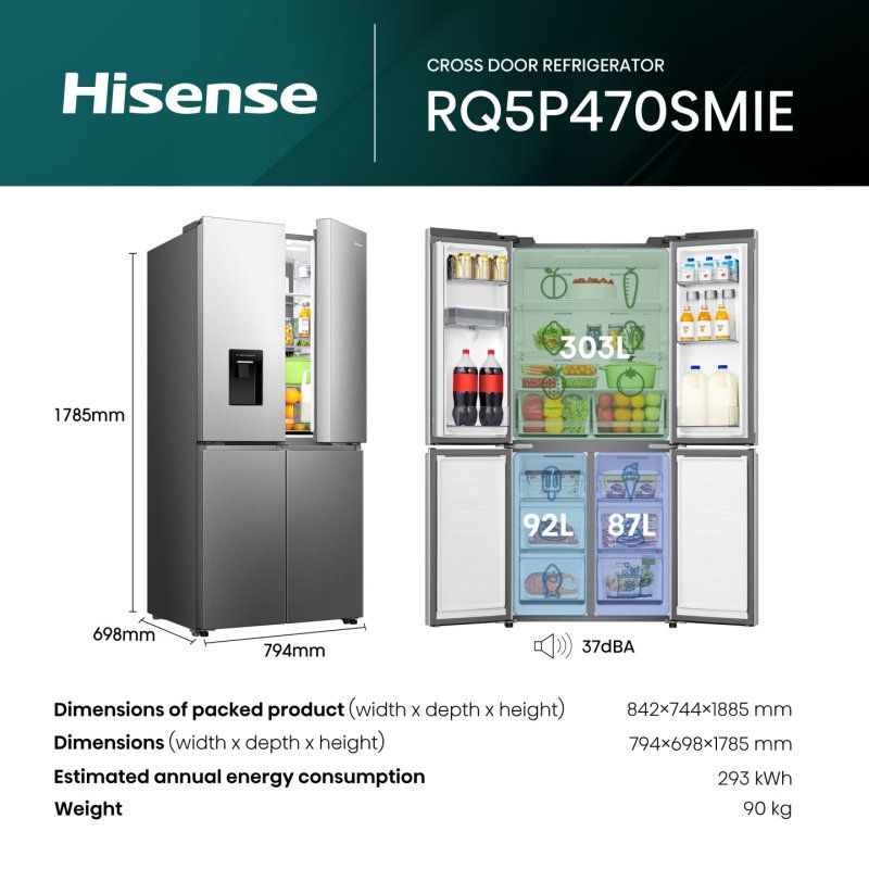 Hisense RQ5P470SMIE fridge-freezer Freestanding 482 L Silver, Stainless steel