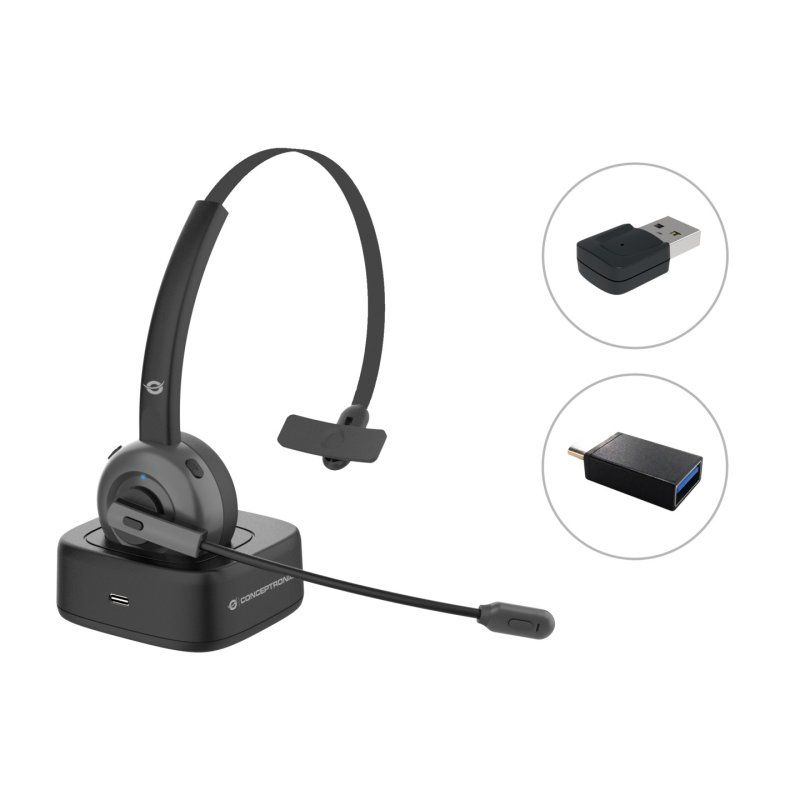 CONCEPTRONIC Headset Mono WLS BT5.0/Mikro/ANC/Dock/ 22Std sw