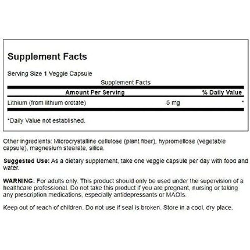 Swanson Lithium Orotate Antioxidant Mood Emotional Wellness Behavior Memory Support Supplement 5mg 60 Veggie Capsules -