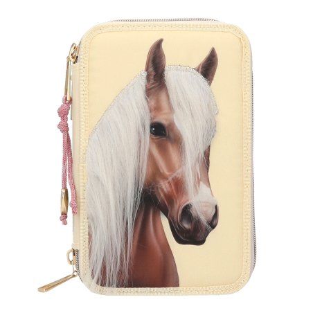 Miss Melody - Triple Pencil Case With Horse Head Application - Light Yellow