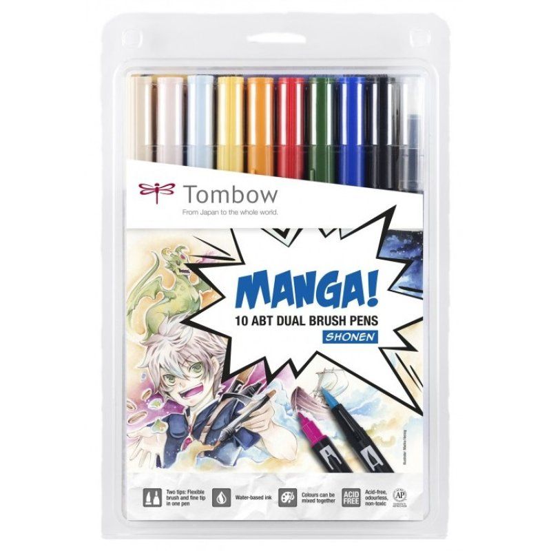 Tombow ABT-10C-MANGA1 felt pen Fine/Medium Black, Blue, Green, Grey, Orange, Pink, Yellow 10 pc(s)