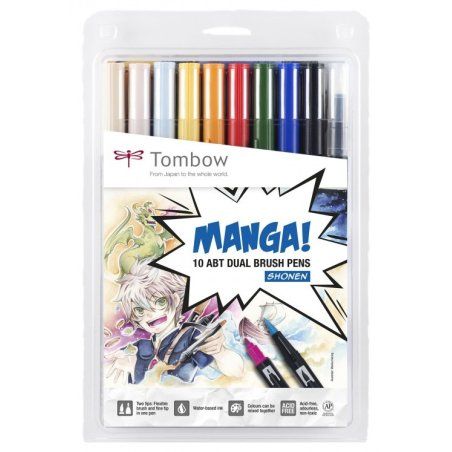 Tombow ABT-10C-MANGA1 stylo-feutre Fin/moyen Noir, Bleu, Vert, Gris, Orange, Rose, Jaune 10 pièce(s)