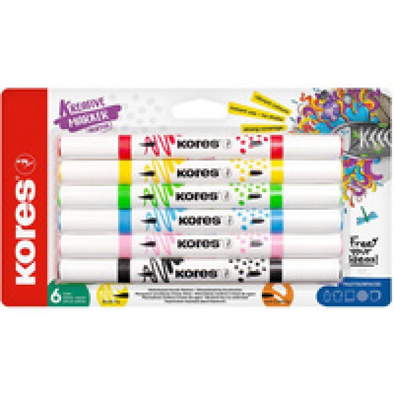 Kores Marqueur acrylique Duo, 2 pointes, set de 6, assorti
