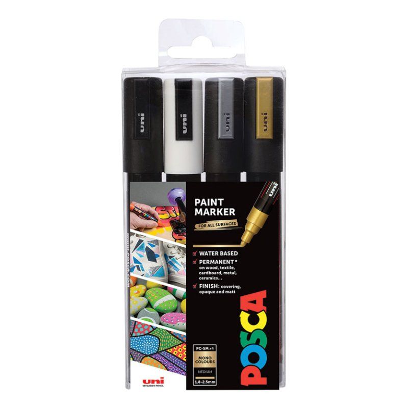 POSCA PC-5M Black, Gold, Silver, White 4 pc(s)