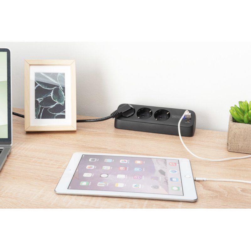 Digitus 3-way office socket strip with 2x USB-A and 1x USB-C connections, black