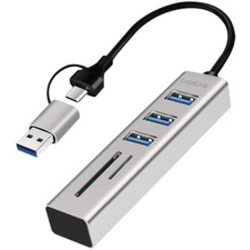 LogiLink Hub USB 3.0 avec lecteur de carte, 3 ports, argent