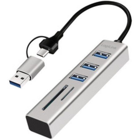 LogiLink Hub USB 3.0 avec lecteur de carte, 3 ports, argent