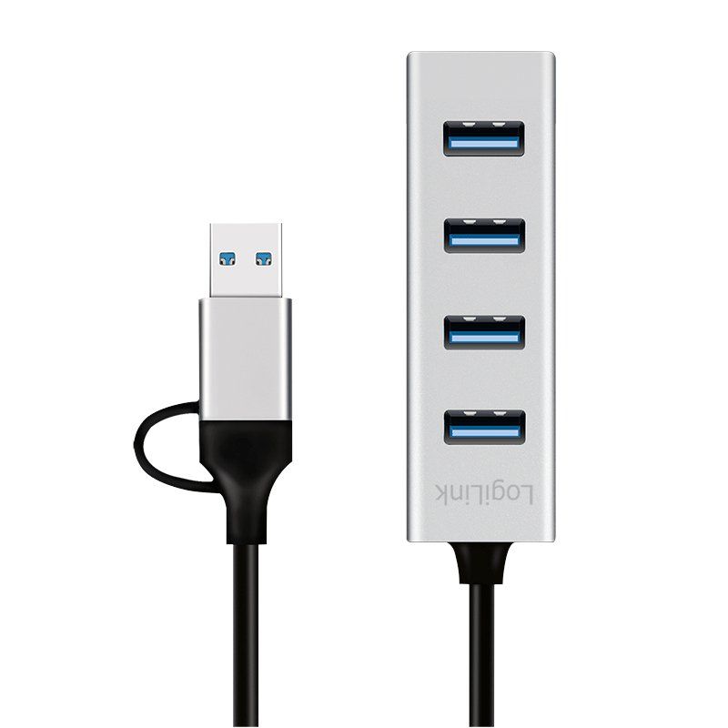 LogiLink USB 3.0 hub, 4x USB-A, 5 Gbit/s, 2-in-1 connection cable, silver