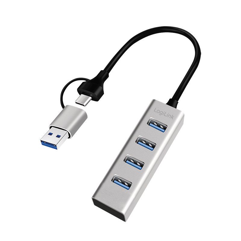 LogiLink USB 3.0 hub, 4x USB-A, 5 Gbit/s, 2-in-1 connection cable, silver
