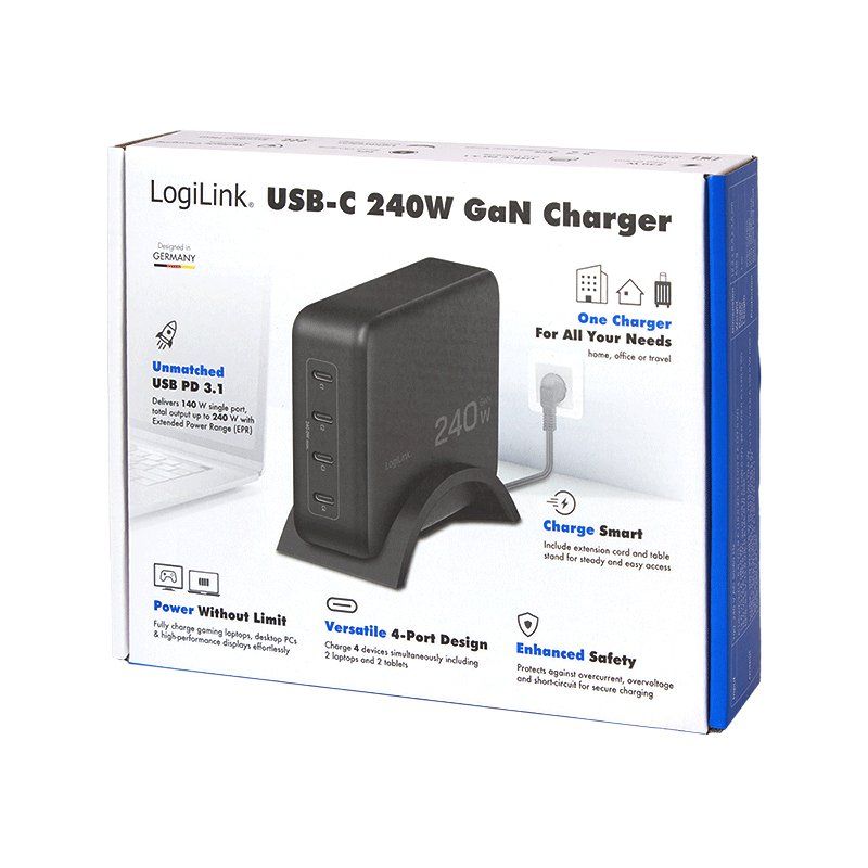 LogiLink Chargeur de bureau USB-C, 4 ports, GaN, 240 W