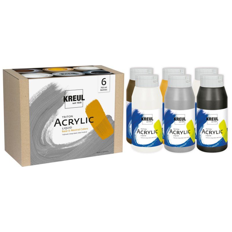 KREUL Triton Acrylic Liquid Set Base & Neutral Colors peinture acrylique 750 ml Noir, Marron, Gris, Ocre, Blanc Tuyau