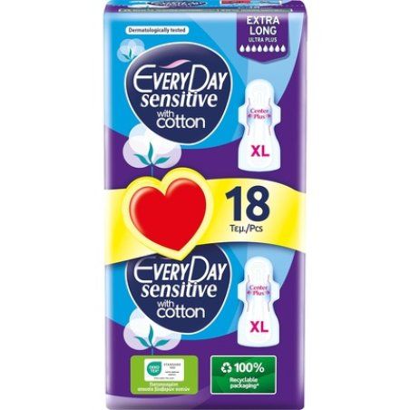 Everyday Sensitive Cotton XL Pads with Wings 18 Pieces