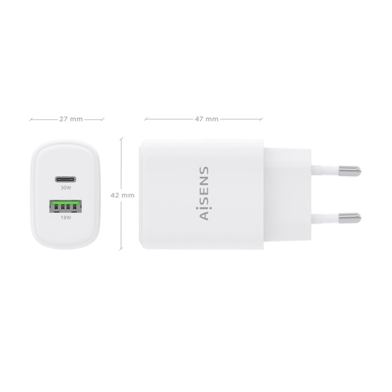 CARGADOR AISENS GAN 30W 1XUSB-C PD3.0 QC4.0 1XUSB-A QC3.0 BLANCO