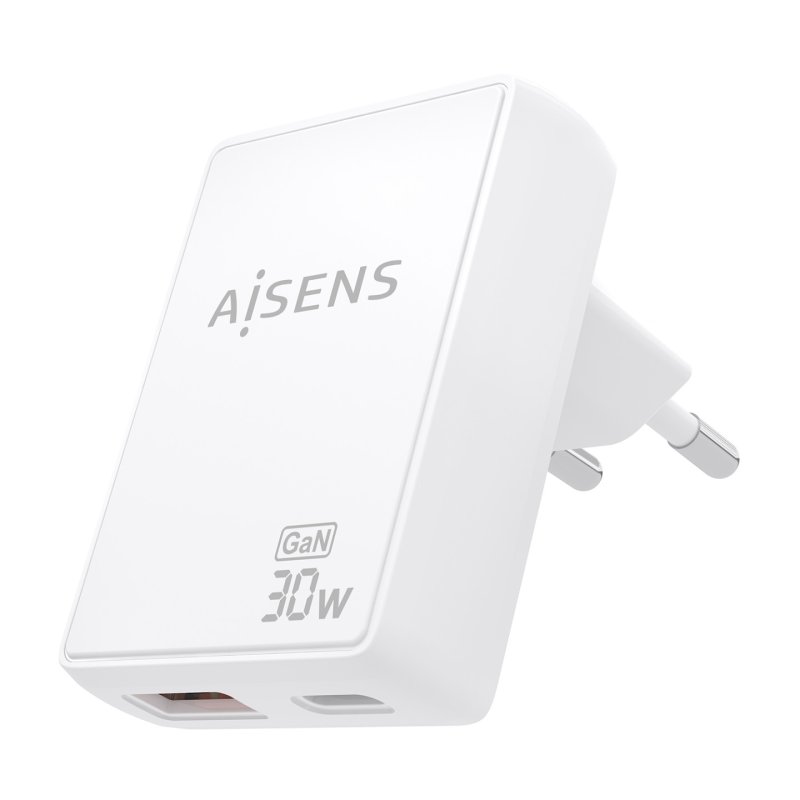 CARGADOR AISENS GAN PARED 30W USB-C PD3.0 QC4.0 USB-A QC3.0 BLANCO