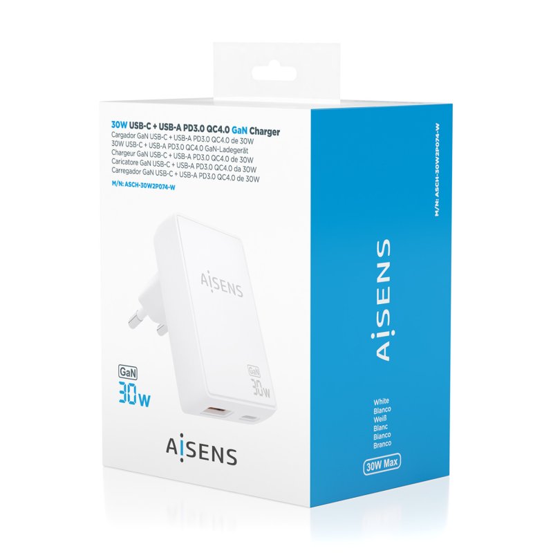 CARGADOR AISENS GAN PARED 30W USB-C PD3.0 QC4.0 USB-A QC3.0 BLANCO