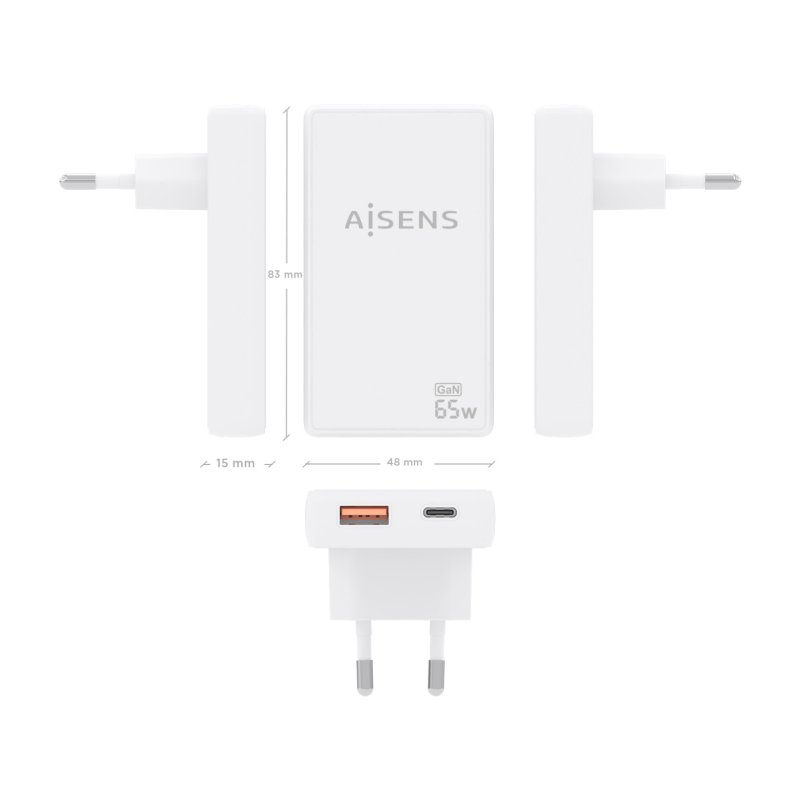 CARGADOR AISENS GAN PARED ULTRA DELGADO 65W USB-C PD3.0 QC4.0 USB-A QC3.0
