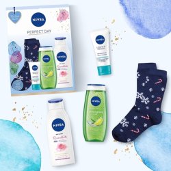 NIVEA Perfect Day Gift Set with Essentials for the Perfect Day - Day Cream, Shower Gel, Body Lotion and Stylish Socks