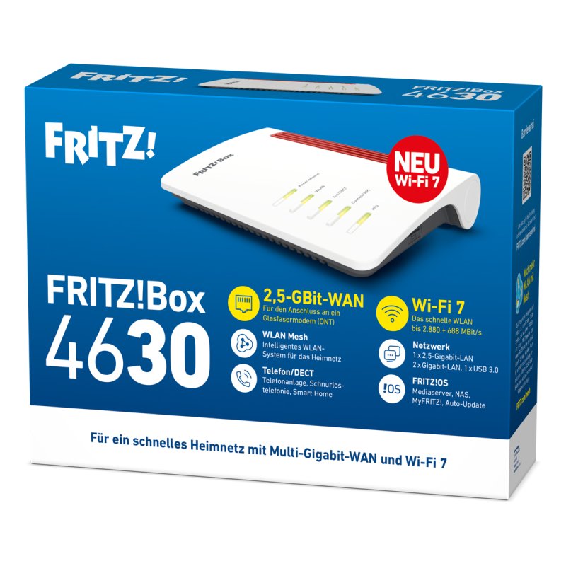 FRITZ!Box 4630 WiFi 7 (WLAN BE) Router, Dualband, max. 3.600 Mbit/s, Glasfaser-Anschluss
