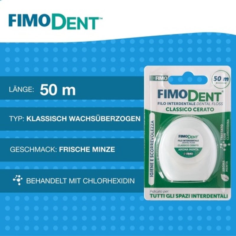 Fimodent Dental Floss 50m Classic Waxed - Ideal for All Interdental Spaces