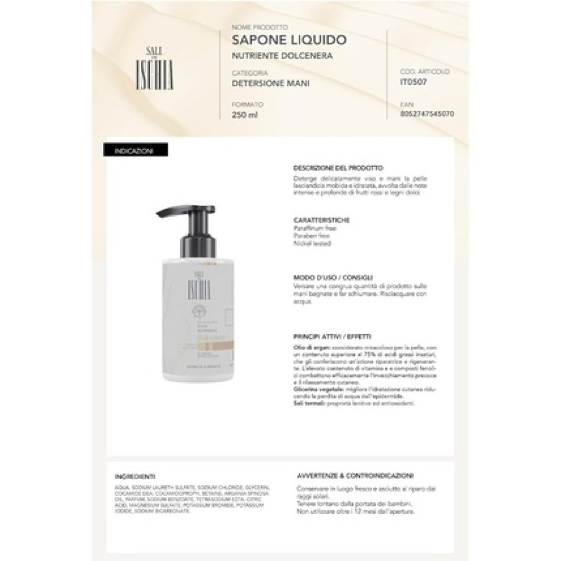 Ischia Salts Dolcenera Nourishing Liquid Soap Hand Cleanser 250ml
