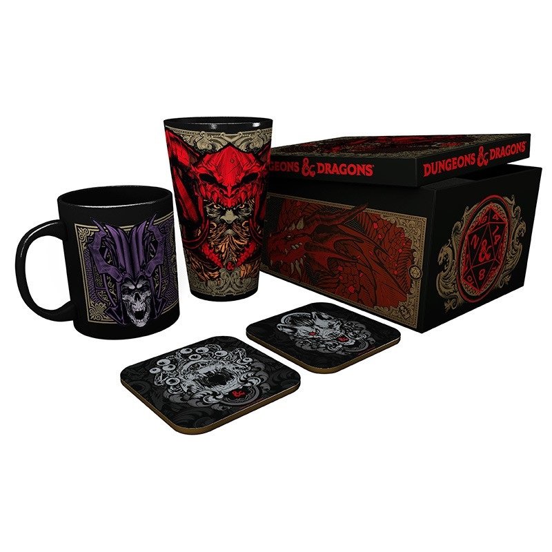 DUNGEONS & DRAGONS gift set: xxl glass, mug, 2 x coasters / zestaw prezentowy Dungeon & Dragons: szklanka XXL, kubek, 2