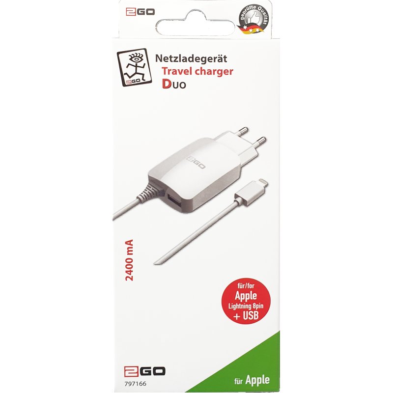 2GO Ladegerät 12W Lightning 1x USB, Kabel 1,4m, weiß