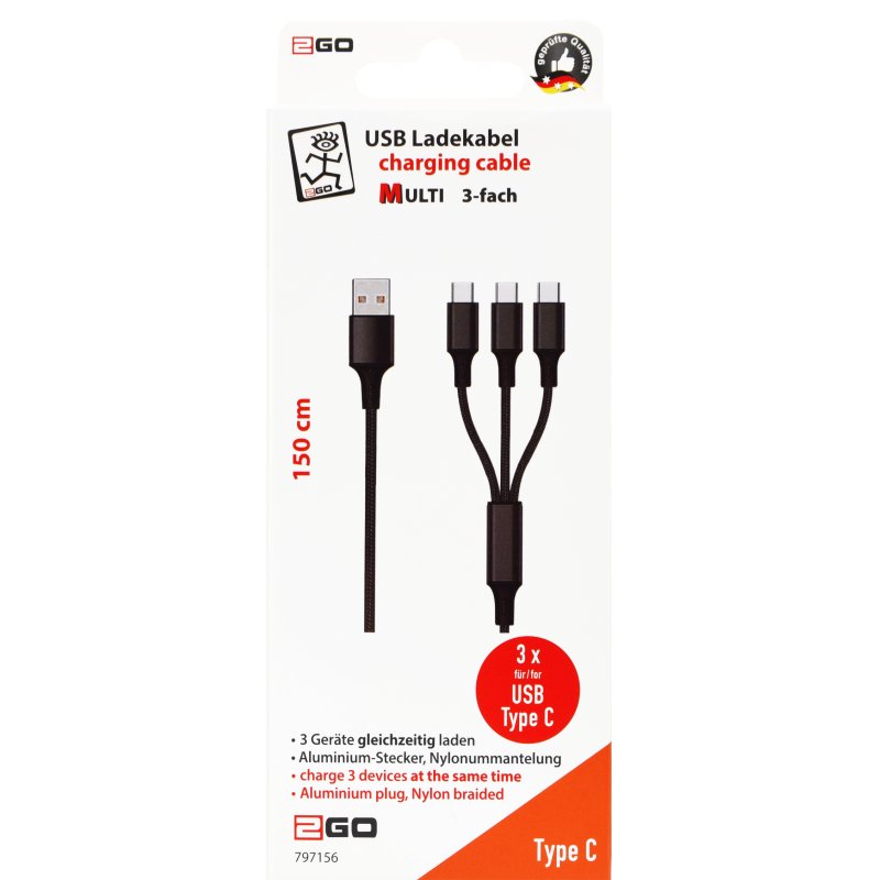 2GO 797156 USB cable 1.5 m USB B 3 x USB C Black