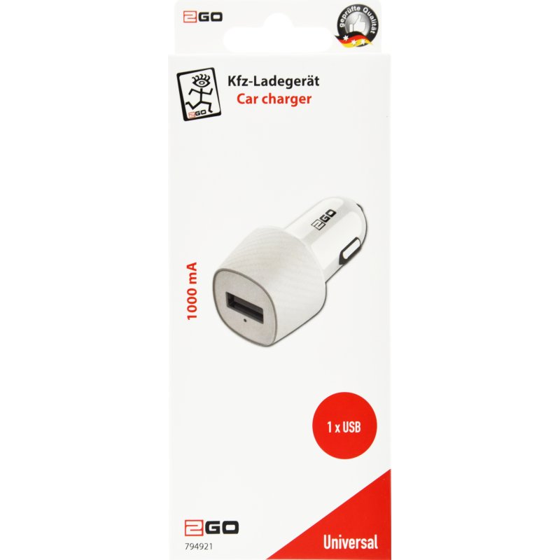 2GO USB KFZ-Ladegerät 1000mA USB-A - weiss