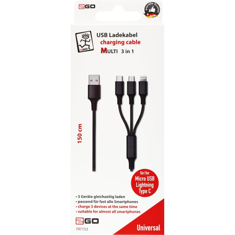 2GO 797153 USB cable 1.5 m USB B USB C/Micro-USB B/Lightning Black