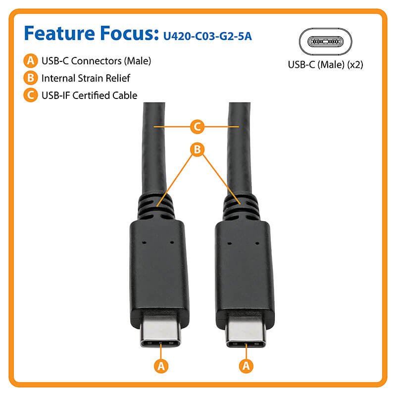 Tripp Lite U420-C03-G2-5A USB-C Cable (M/M) - USB 3.2, Gen 2 (10 Gbps), 5A (100W) Rating, USB-IF Certified, Thunderbolt