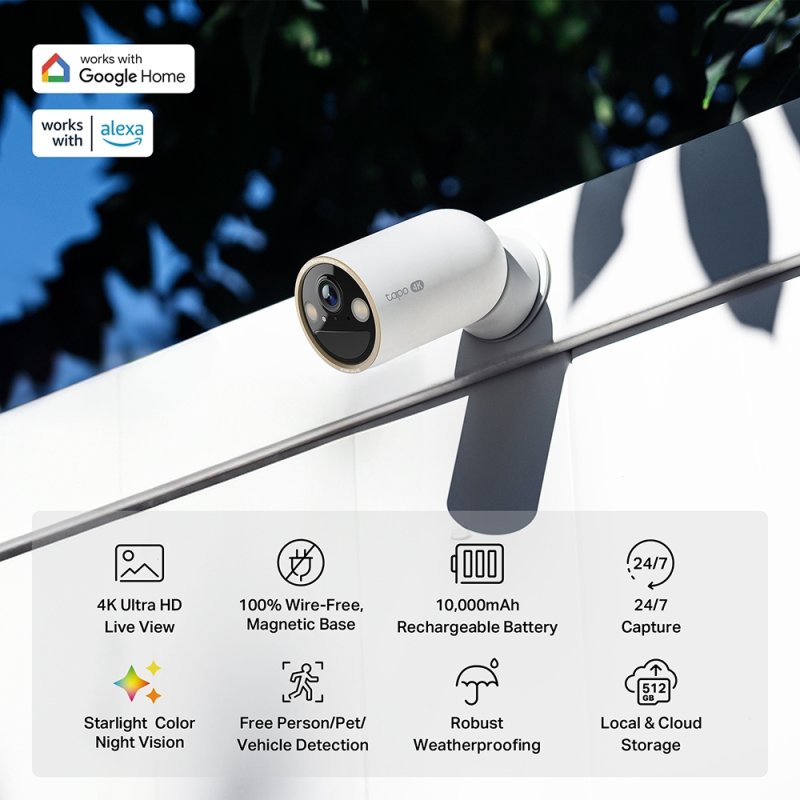 TP-Link Tapo Wire-Free Indoor/Outdoor Security Camera SPEC:4K UHD (3840x2160), H.265/H.264 Supported, 16x UHD Digital