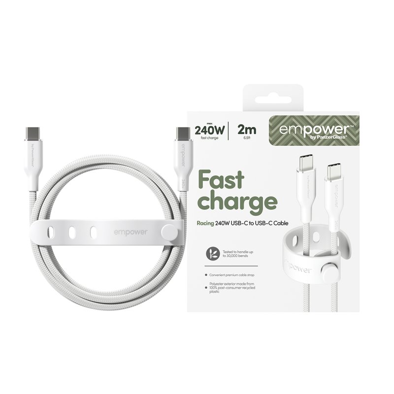 PanzerGlass empower™ by Racing 240W USB-C to USB-C Cable | USB 2.0 | 2M | Silver White