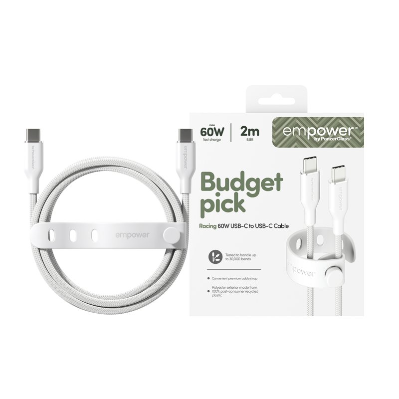 PanzerGlass empower™ by Racing 60W USB-C to USB-C Cable | USB 2.0 | 2M | Silver White