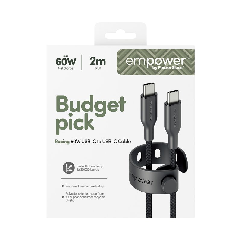 PanzerGlass empower™ by Racing 60W USB-C to USB-C Cable | USB 2.0 | 2M | Space Black câble USB Noir