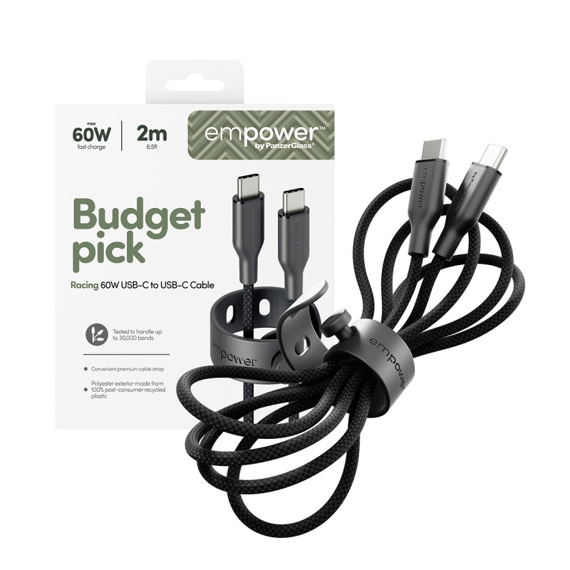 PanzerGlass empower™ by Racing 60W USB-C to USB-C Cable | USB 2.0 | 2M | Space Black câble USB Noir