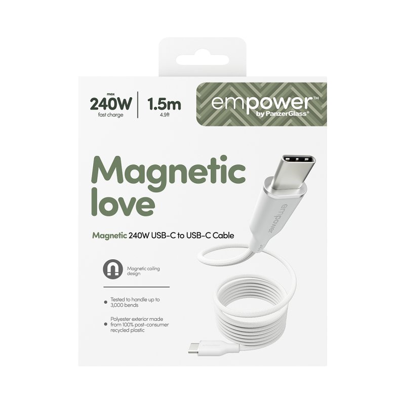 PanzerGlass empower™ by Magnetic 240W USB-C to USB-C Cable | USB 2.0 | 1.5M | Silver White