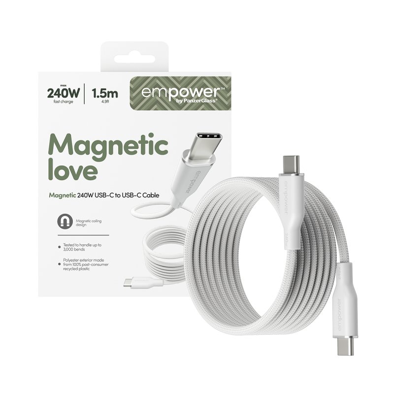 PanzerGlass empower™ by Magnetic 240W USB-C to USB-C Cable | USB 2.0 | 1.5M | Silver White câble USB Blanc