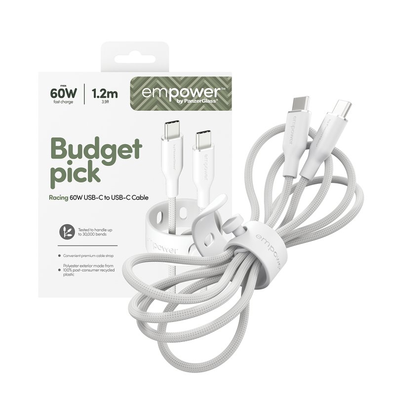PanzerGlass empower™ by Racing 60W USB-C to USB-C Cable | USB 2.0 | 1.2M | Silver White