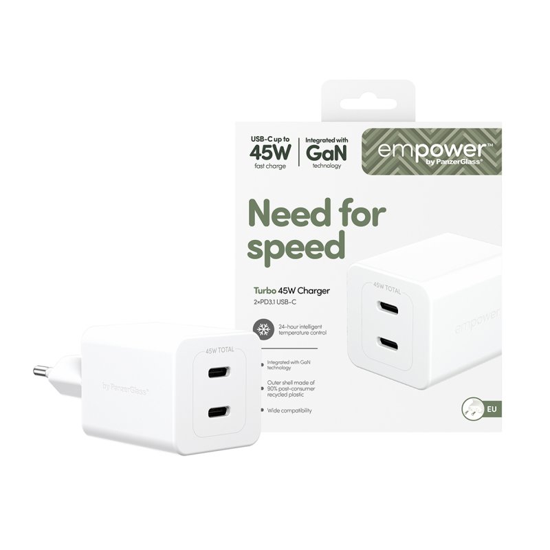 PanzerGlass empower™ by Turbo 45W Charger incl. 2 x USB-C | EU Plug | Silver White