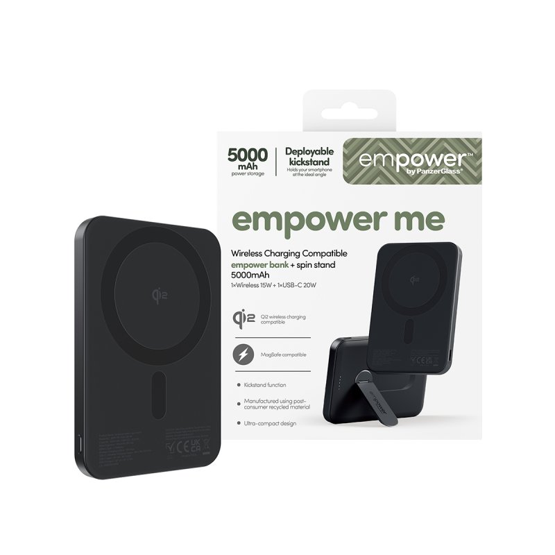 PanzerGlass empower™ by empower™ Bank w. Spin Stand | 5000mAh | Space Black Noir