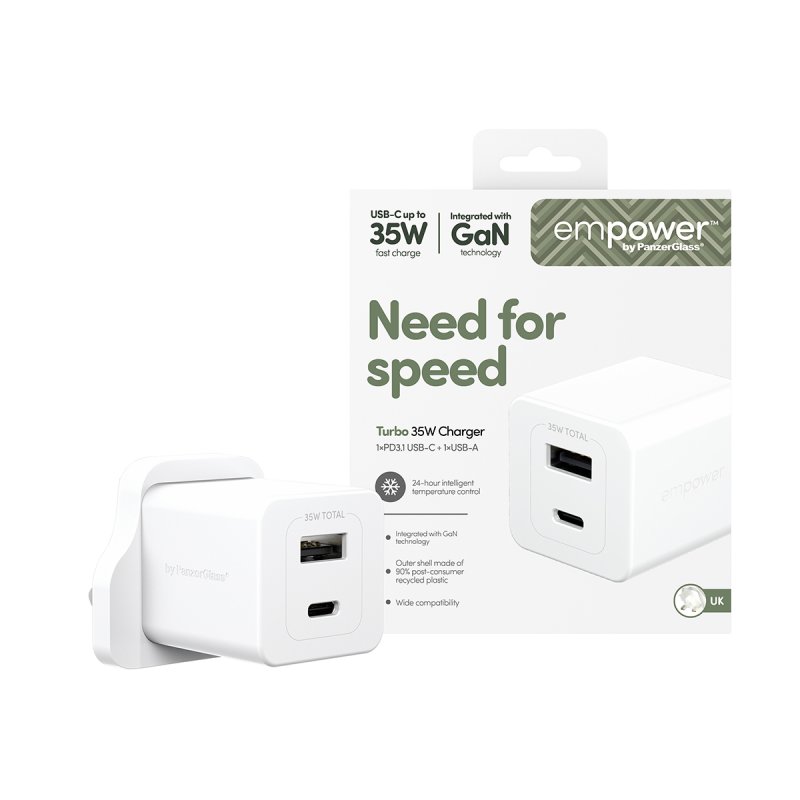 PanzerGlass empower™ by Turbo 35W Charger incl. USB-C USB-A | UK Plug| Silver White