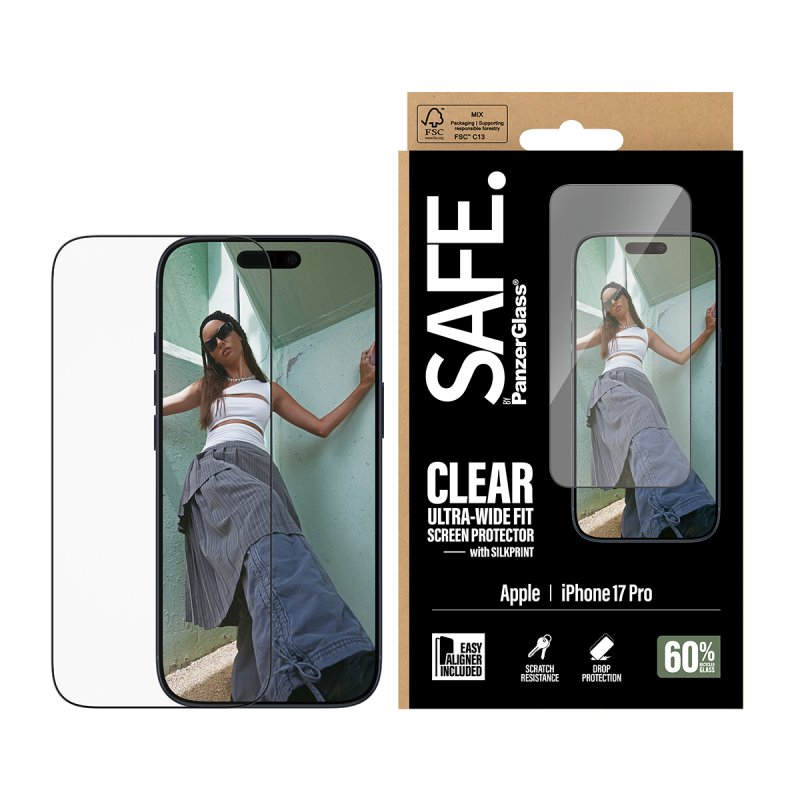 PanzerGlass SAFE. by Screen Protector w. Black Frame iPhone 17 Pro | Ultra-Wide Fit w. EasyAligner Protection d'écran