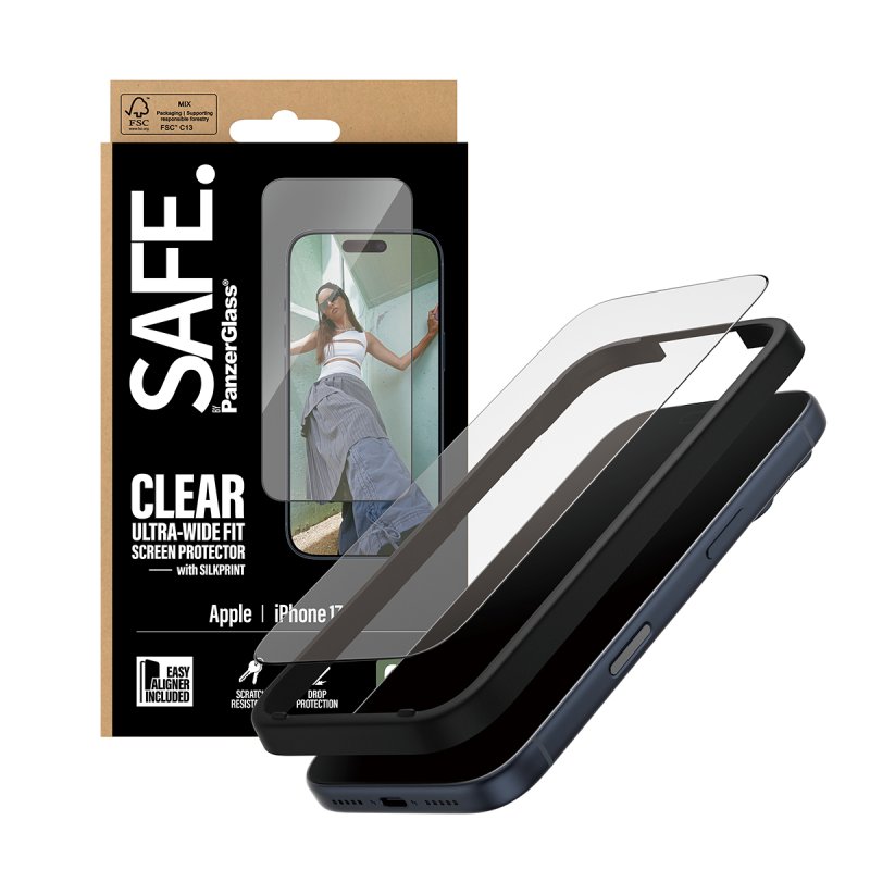 PanzerGlass SAFE. by Screen Protector w. Black Frame iPhone 17 Pro | Ultra-Wide Fit w. EasyAligner Protection d'écran